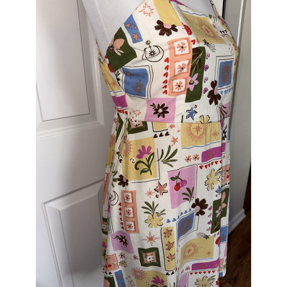 Monteau Patchwork Floral Sundress Large Cottagecore Linen Blend Boho Mini Dress - Picture 3 of 9